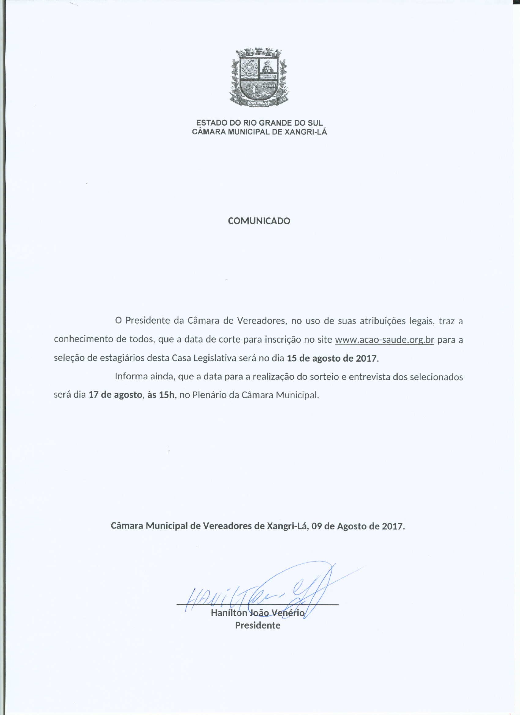 Comunicado sobre estágio na Câmara