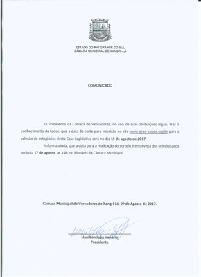 Comunicado sobre estágio na Câmara