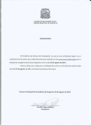 Comunicado sobre estágio na Câmara